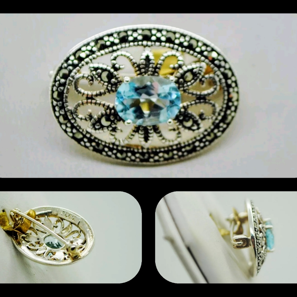 Vtg. Aquamarine and Sterling brooch